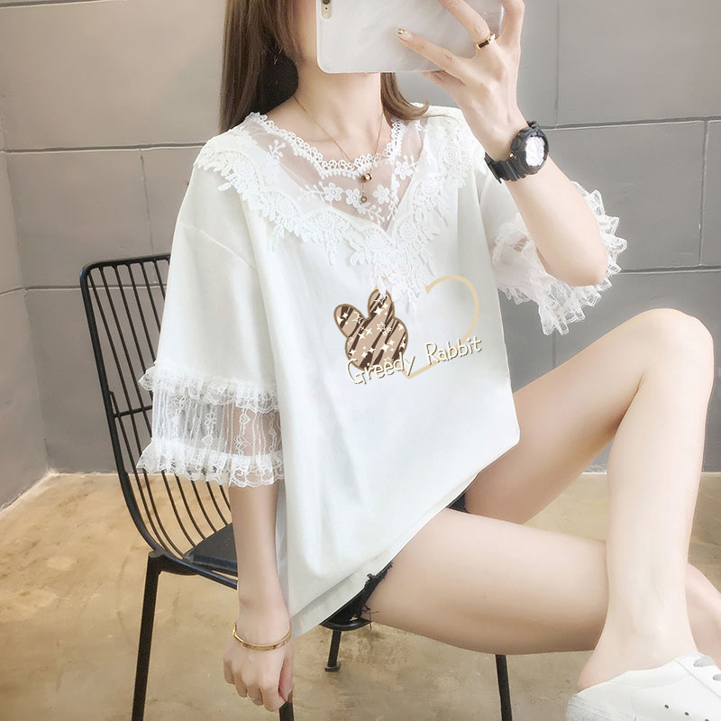 Lace Trim Patchwork Pure Cotton Short-Sleeve T-Shirt for Women, 2026 New Summer Style, Subtle Design with a V-Neck Top Lace Trim Patchwork Pure Cotton Short-Sleeve T-Shirt for Women, 2026 New Summer Style, Subtle Design with a V-Neck Top