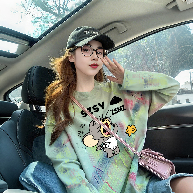 American-Style Trendy Graffiti Long-Sleeve T-Shirt for Women, Autumn and Winter Plus-Size Women's Clothing, Cute Cartoon Age-Reducing Top, Pure Cotton Base Shirt