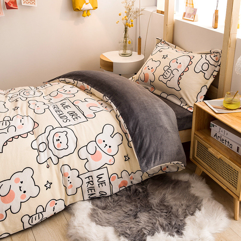 Bed Hat Three Sets Coral Suede Student Dorm Milk Suede Winter Plus Suede Double Sided Flannel Bed Linen 90