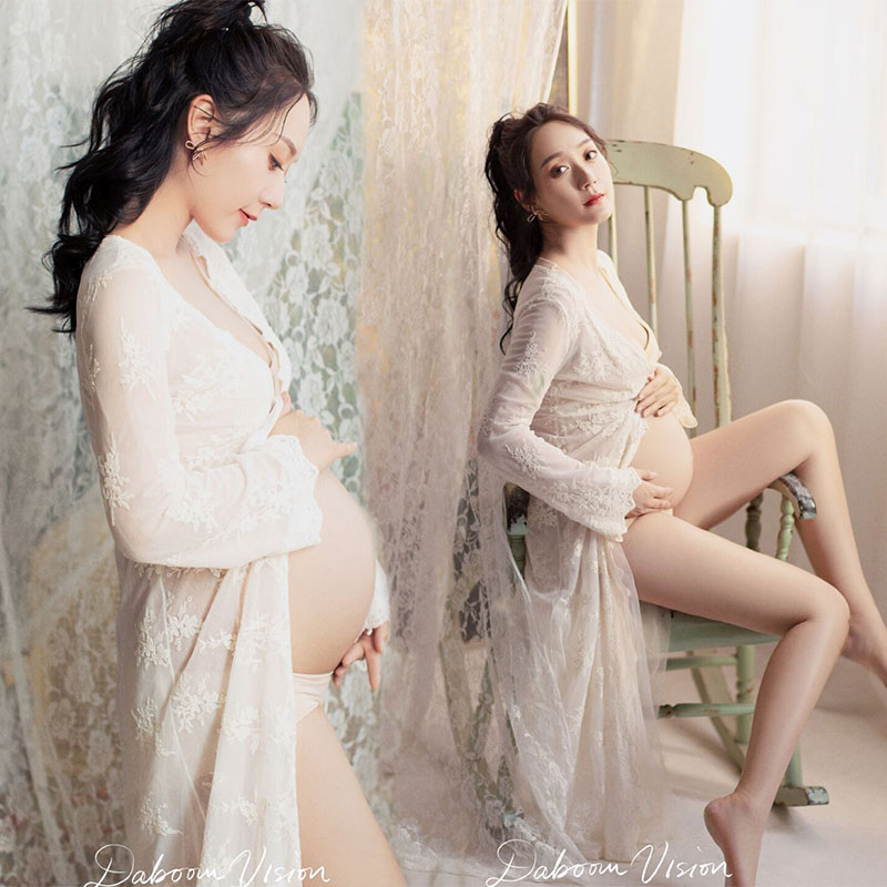 Pregnant women taking pictures of clothing studio pregnancy photography belly photo photo sheer mesh embroidery lace-to-be mommy dress