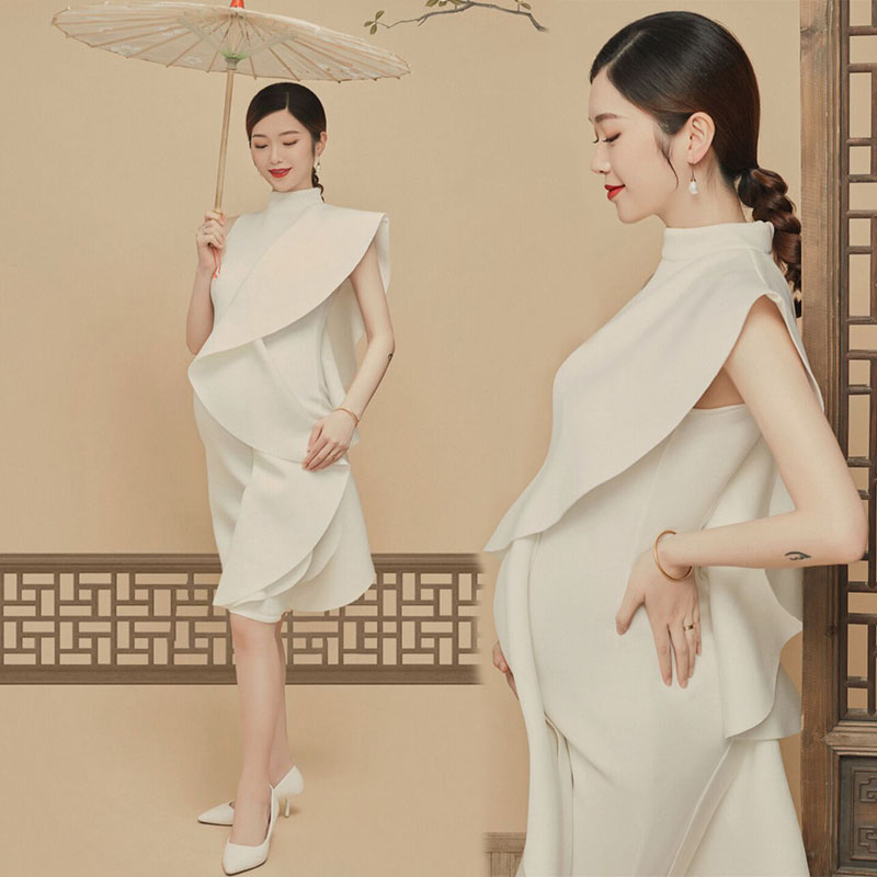 Maternity photo photo clothing new white retro style dress photo studio pregnant mommy big belly pregnant women photography clothing