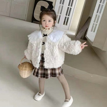 Girls sweet big lapel wool sweater 2023 winter new baby Korean style quilted thickened Internet celebrity jacket top