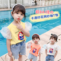 Girls mesh sleeve cartoon T-shirt summer new baby all-match top Korean version foreign style puff sleeve shirt childrens clothing