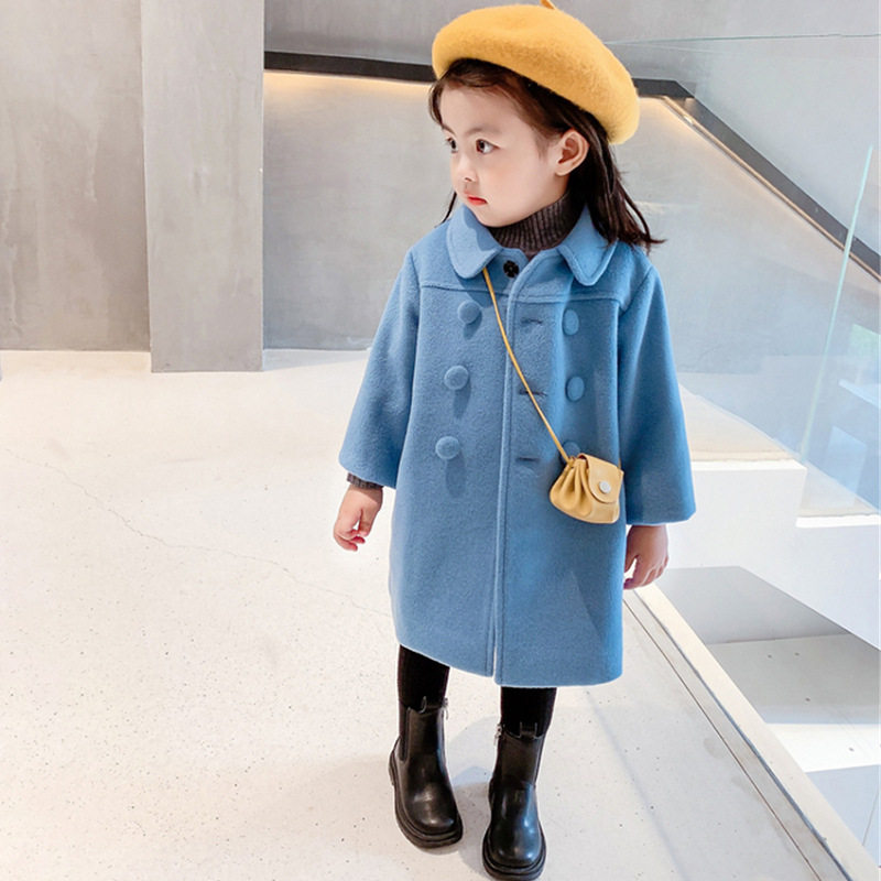 Korean girl's temperament double-row button, great coat 2021 autumn winter new baby foreign cliffon jacket cotton thickened blouses jacket