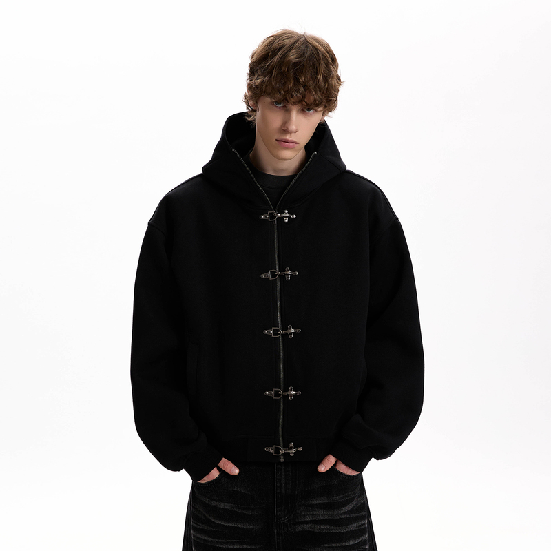 A Puee American Retro Cleanfit Zipper Sweatshirt with Airplane Buckle Design, Boxy Fit, Short Jacket, Trendy
