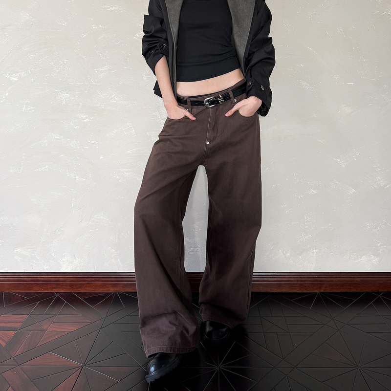 A Puee American Retro Melard Brown Casual Pants Cleanfit High-End Straight-Leg Flared Versatile Pants