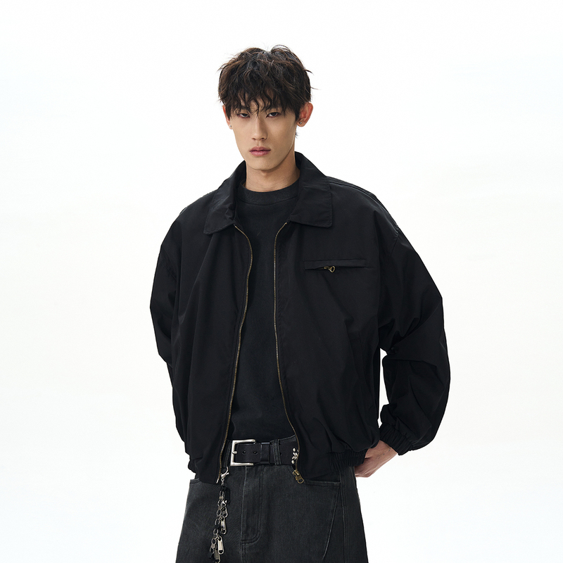 A Puee American High Street Cleanfit Silhouette Jacket, Versatile for Both Men and Women, Boxy Short Harrington Black Jacket