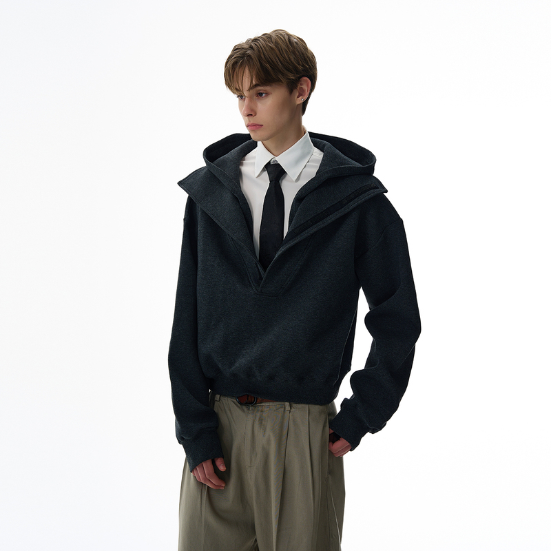 A Puee American Retro Cleanfit Deconstructed Patchwork Hoodie for Men and Women, Simple and Versatile for Commuting, Autumn