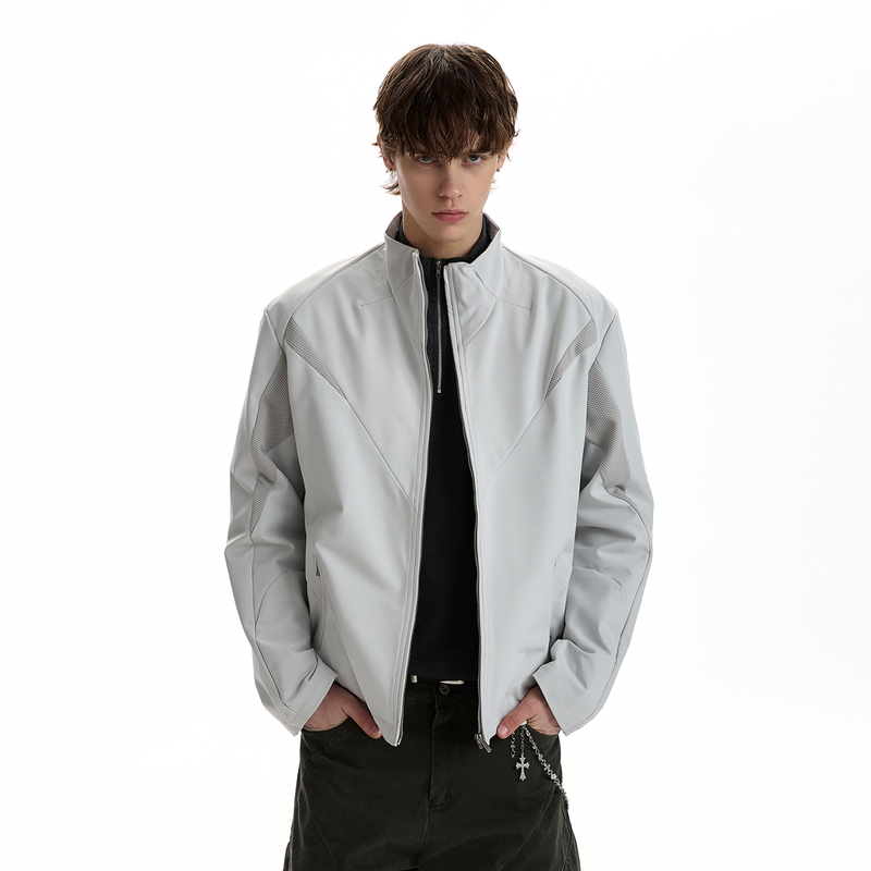 A Puee Mesh Breathable Stand-Up Collar Jacket, Boxy Fit, Deconstructed Cut Design, Versatile Commuter Style, Regular Shoulder Jacket