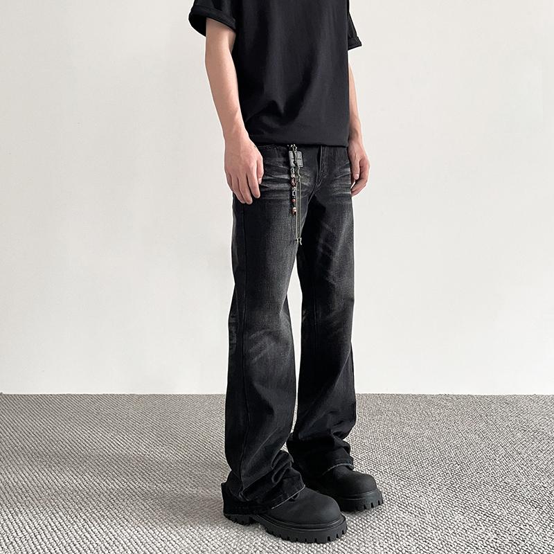A Puee American High Street Cleanfit Distressed Black Jeans with Whiskers, Trendy Straight-Leg Slightly Flared Vibe Style Pants A Puee American High Street Cleanfit Distressed Black Jeans with Whiskers, Trendy Straight-Leg Slightly Flared Vibe Style Pants