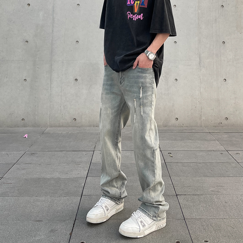 American high street yellow mud dye made old hole jeans men tide in loose straight tube clean pile pants