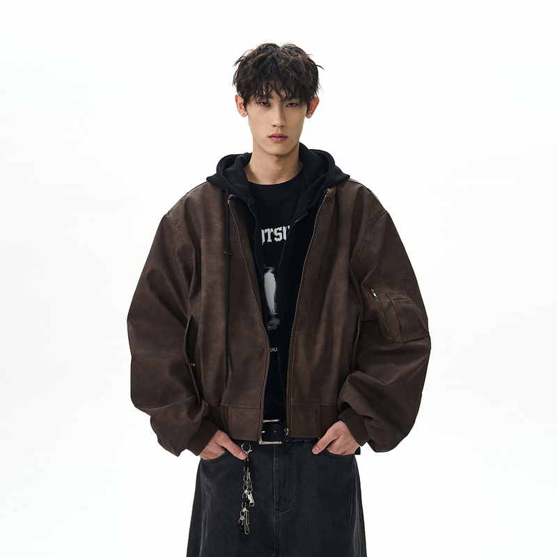 A Puee American Retro Bomber Double-Layer Faux Two-Piece Hooded Flight Jacket Boxy Short Barn-Style Coat