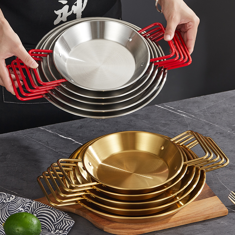 Spanish Paella Pan, Thickened Flat-Bottomed Pan, Double-Ear Frying Pan, Stainless Steel Korean-Style Commercial Plate, Crayfish Plate, Fried Chicken