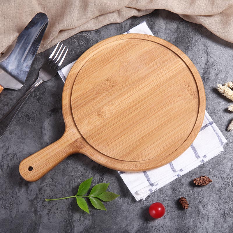 Bamboo and wood pizza tray round handle Japanese household Western steak tableware Pizza tray bottom solid wood customization
