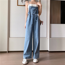 Loose Korean version Cowboy back with pants woman 90% small sub 2020 Summer new conspicothin broadleg reduced-age hanging band pants