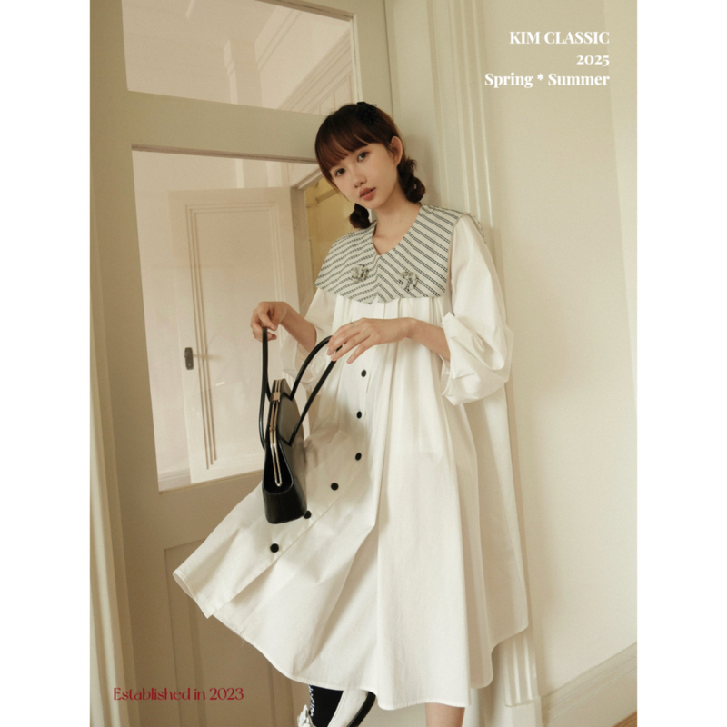 Kim Classic "Verbena" Dress with a Navy Collar, Irregular Silhouette, Floral Multi-Pleated Design