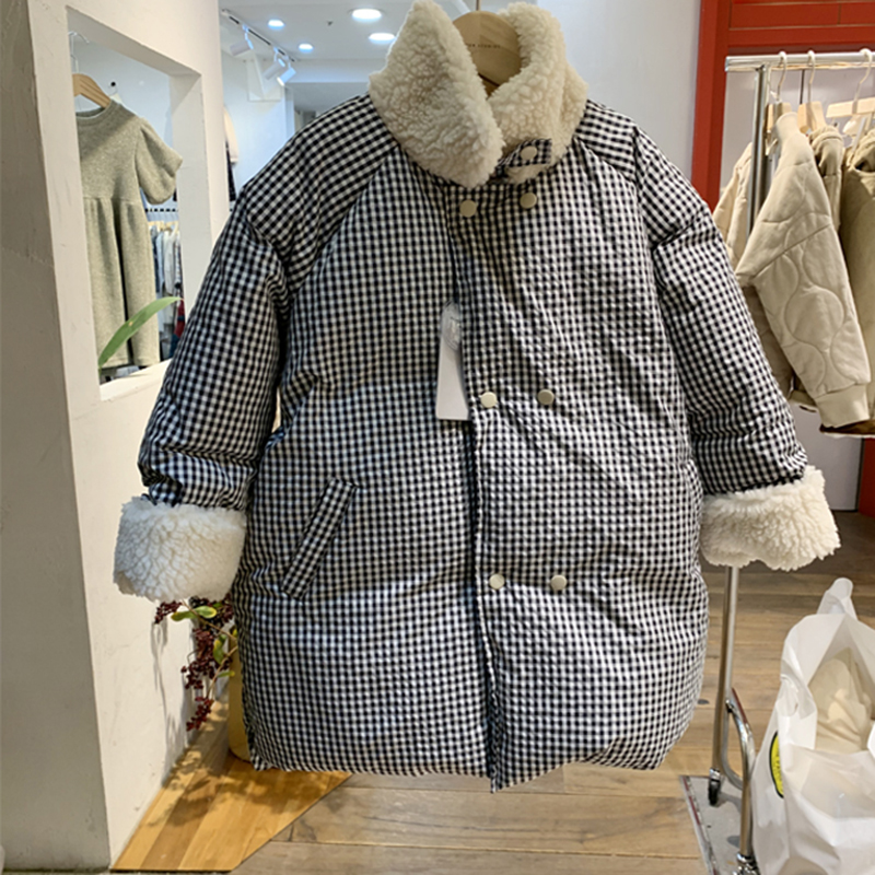 Girl Thickening Plaid Cotton Suit Medium Long Version South Korea Boy Clothing Winter Boy Warm Fur Collar Jacket Cotton Clothing Foreign Pie