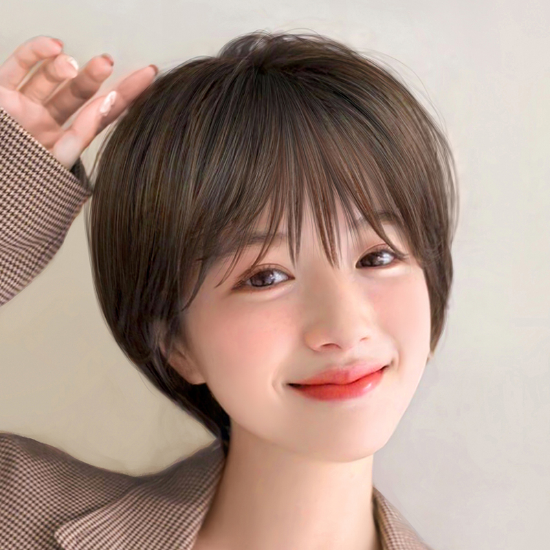 Wig short hair woman summer full head cover real hair hair simulation natural age reduction wig set real hair net red wave head
