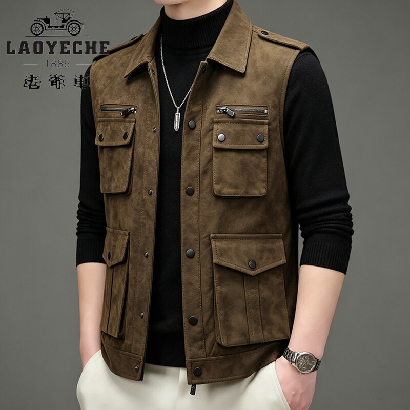 Vintage Men's Utility Leather Vest Jacket 2026 Multi-Pocket Waterproof Outdoor Photography Fishing Vest