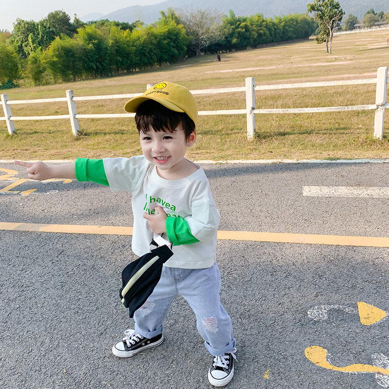 Baby long sleeve t2021 new spring and autumn fake Two T-shirt foreign school boys spring clothes base shirt children's coat tide