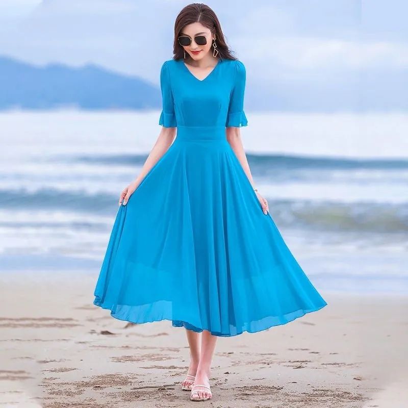 Big Swing Skirt 2026 Summer Mid-Length Dance Chiffon Dress Plus Size Long Skirt over the Knee Vacation Beach Dress Big Swing Skirt 2026 Summer Mid-Length Dance Chiffon Dress Plus Size Long Skirt over the Knee Vacation Beach Dress