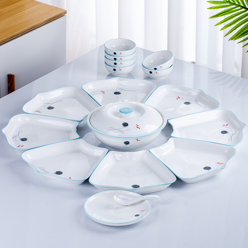 Net red ceramic plate platter tableware combination round table set household dishes reunion creative set plate light luxury