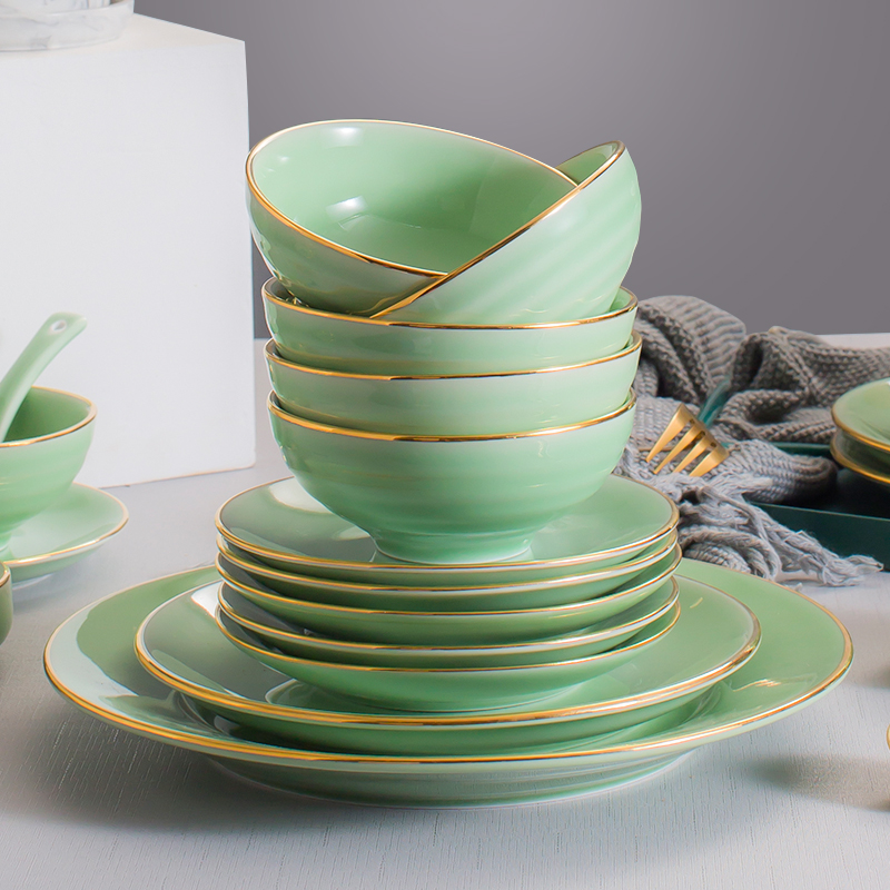 Jingxiong high-end pure celadon gold biencing tableware light luxury dishes set home rice bowl Jingdezhen ceramic free combination