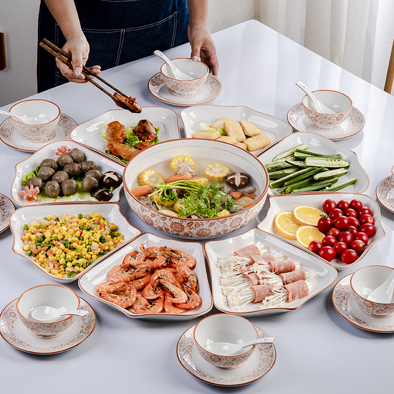 Net red set platter tableware combination fan-shaped dishes ceramic round table New Year reunion Chinese New Year plate creative home