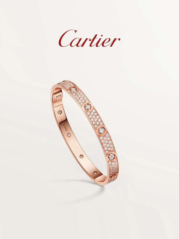 Cartier卡地亞LOVE系列 玫瑰金黃金白金鑲鑽手鐲【寬版10鑽】