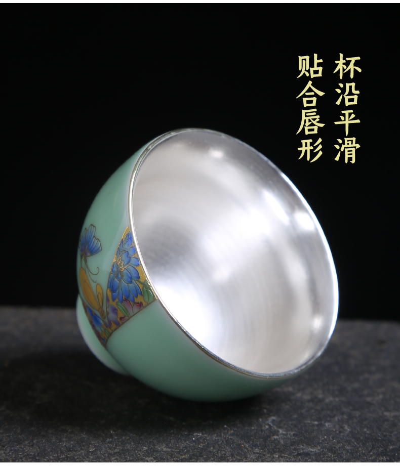 Tasted silver gilding tea cup celadon colored enamel see kung fu tea cup single cup sample tea cup full of household ceramic tea set white porcelain