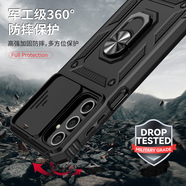 Black Sliding Camera Kickstand Ring Textured Grip Samsung Phone Case