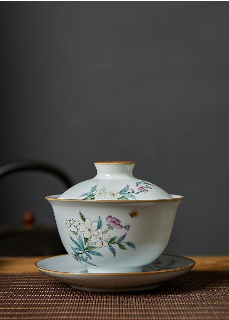 Shot incarnate your up hand - made the pear flower only three tureen jingdezhen ceramic kung fu tea set household open piece of cover cup tea bowl