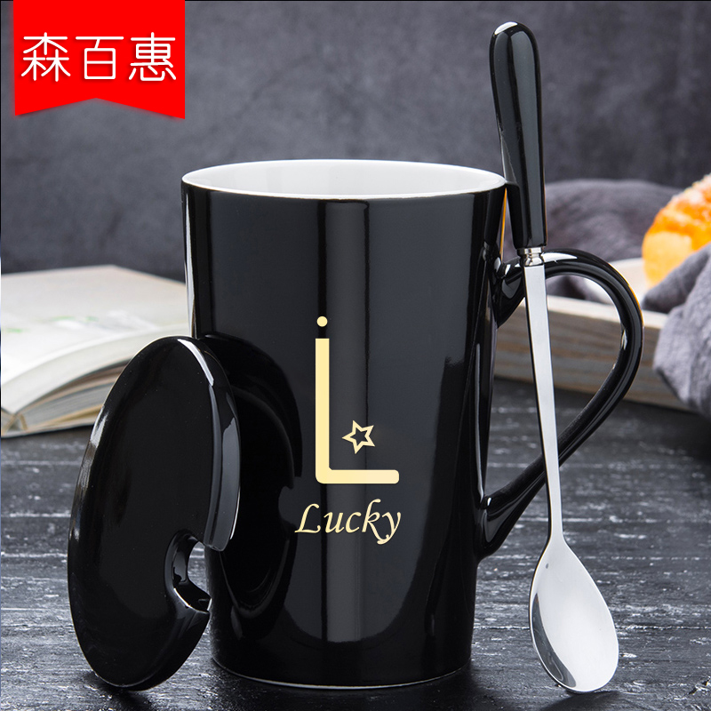 Creative Surname Letter Mark Cup With Lid Spoon Personality Trend Home men and women Ceramics Coffee Cup Lovers Cup
