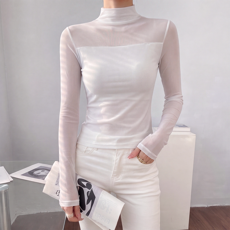 White High-Neck Mesh Top for Women, New Style, Layered Wear, High-End Feel, Slim Fit, Slightly Sheer, Lace Splicing, Long-Sleeve T-Shirt White High-Neck Mesh Top for Women, New Style, Layered Wear, High-End Feel, Slim Fit, Slightly Sheer, Lace Splicing, Long-Sleeve T-Shirt