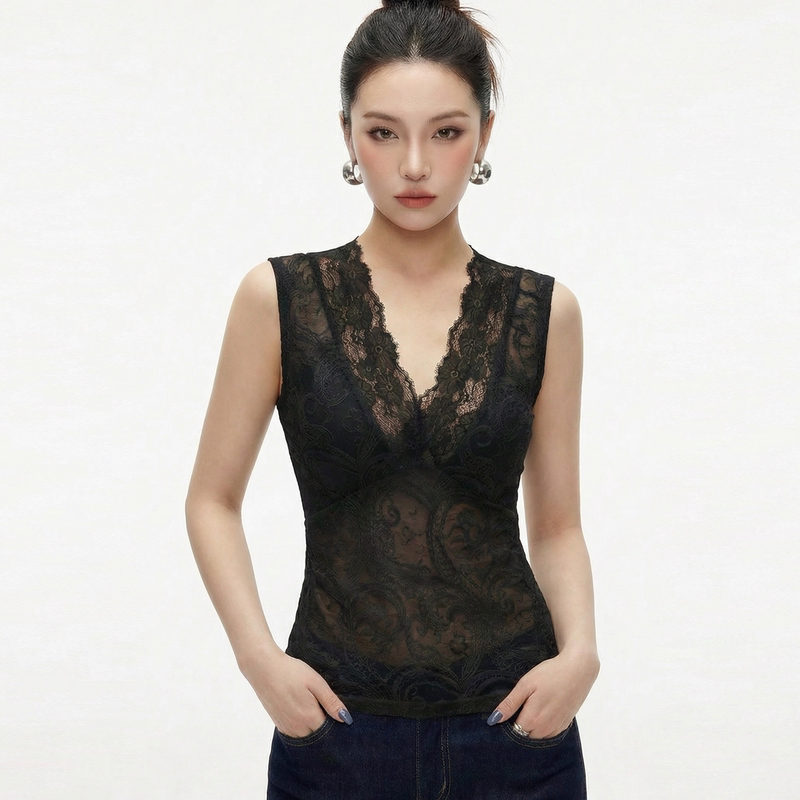 Black V-Neck Lace Vest for Women, Summer Outerwear, 2026 New Style, Sleeveless Base Shirt, See-Through Mesh Top with a High-End Feel