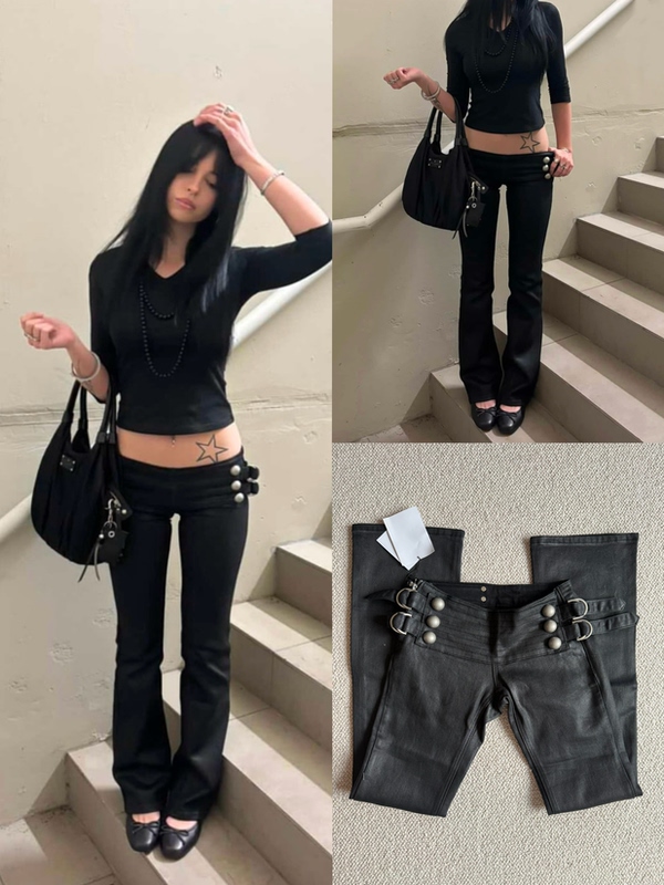 Napoleon-Style Buttoned Coated Low-Waist Stretch Denim Straight-Leg Pants Napoleon-Style Buttoned Coated Low-Waist Stretch Denim Straight-Leg Pants