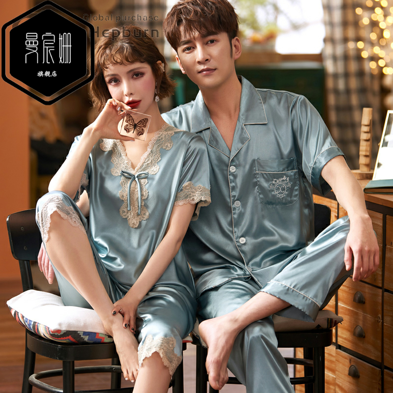Tide-card lovers sleepwear women Summer thin Ice Silk Short sleeves Short sleeves Short sleeves for men Silk Two-style suit Home Suits Home