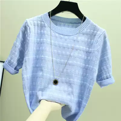 Short-sleeved ice silk sweater women's summer 2021 new Korean loose thin pullover wild striped T-shirt top