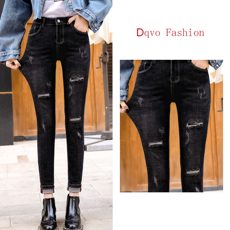 Jeans woman slim fit slim foot autumn winter new high waist 90% fake breaking hole plus suede tight pencil pants