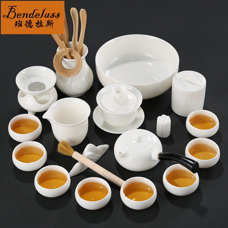 Dehua Goat Grease Jade White Porcelain Tea Set Group Home Brief modern Gongfu Tea tea cup upscale side to make pot ceramics