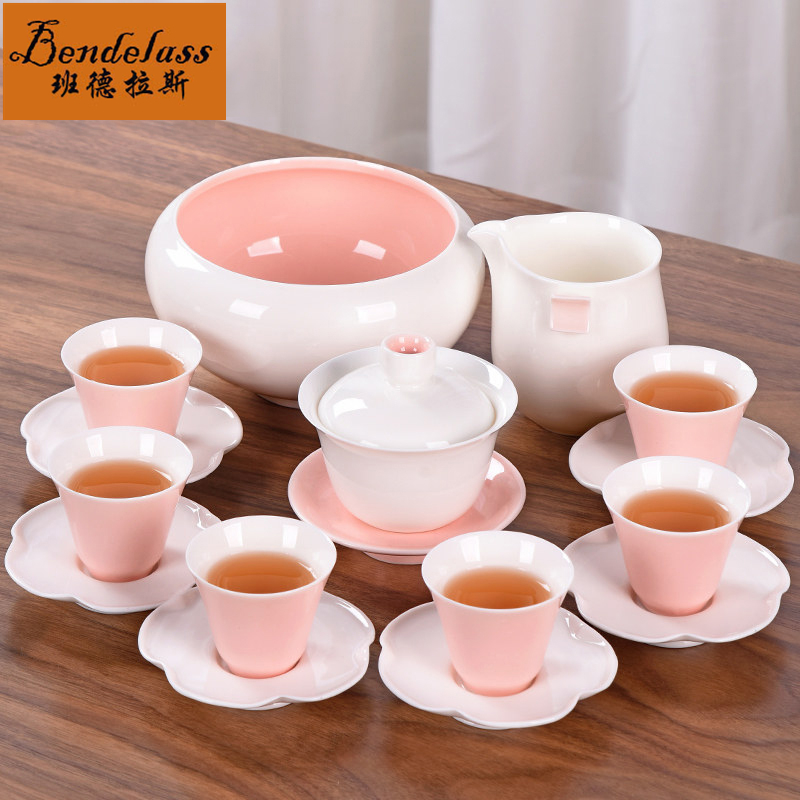 Pink girly heart high value white porcelain kung fu tea set household tea office ceramic tea cup gift box