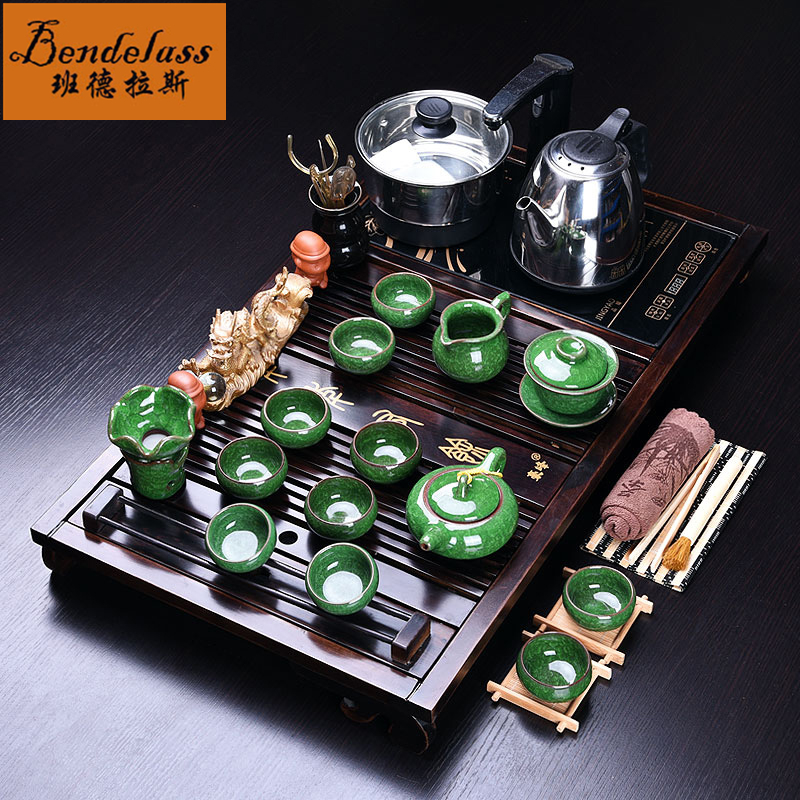 The whole set of high-end purple sand kung fu tea set ceramic teapot teapot solid wood tea plate tray four in one electric furnace