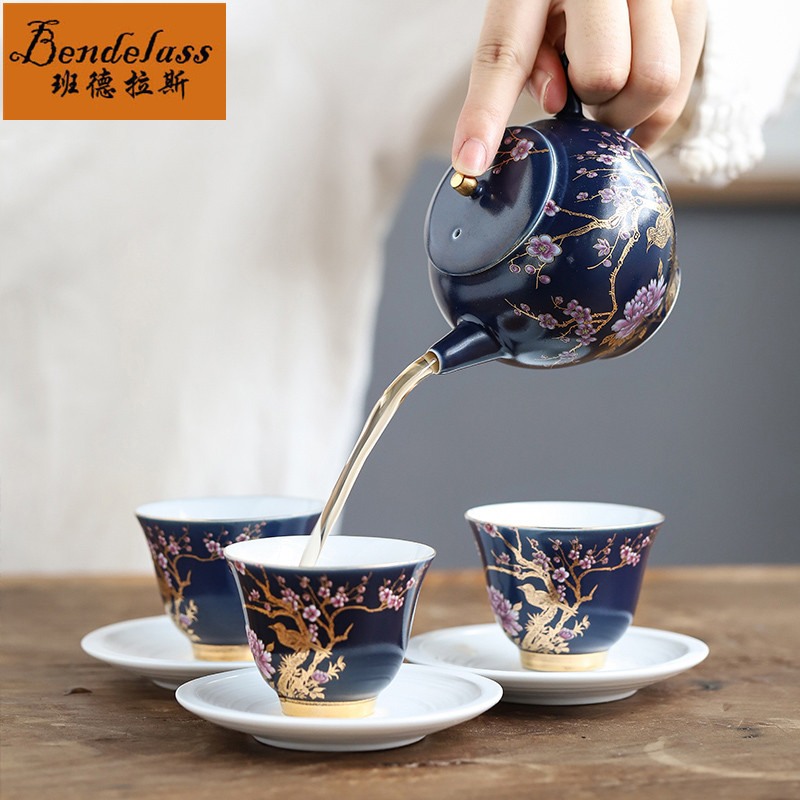 Banderas Ji blue tea set cup set teapot set home ceramic Chinese style gold blue and white porcelain tea set