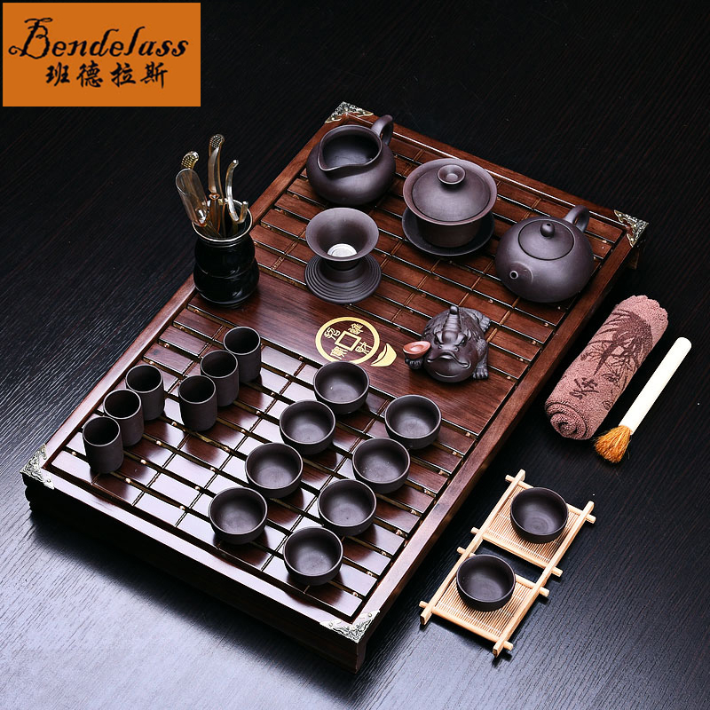 Bandras complete set of high-end purple sand kung fu tea set of solid wooden teapot ceramic teapot tea cup tea table