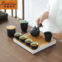 Simple retro black pottery kung fu tea set ceramic Japanese home side pull teapot tea cup tea tray whole set of gift box