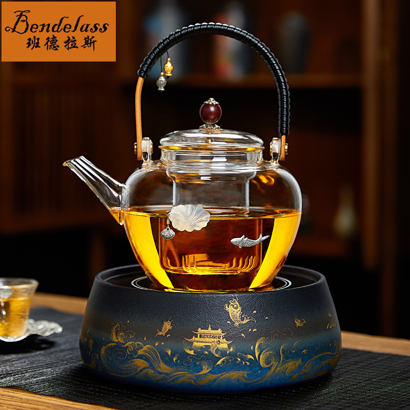 Cooking Teapot Glass Pure Handmade Bubble Teapot Black Crystal Stove Cooking Tea Set Tea Set Group Home Large Capacity Steam Teapot