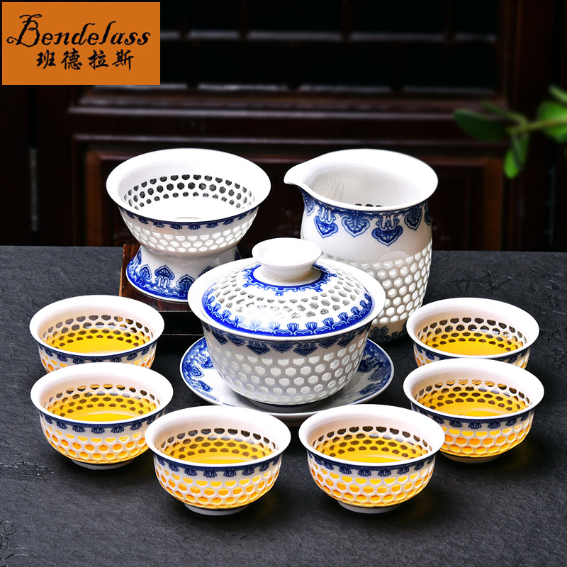Banderras Greens Porcelain Lingo Hollowed-out Ceramic Kung Fu Tea Set Group Honeycomb Lid Bowl Teapot Tea Cup Gift Box Dress