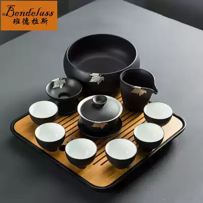 Banderas Japanese black pottery kung fu tea set set fallen leaves home simple balcony tea set water storage tea tray teapot