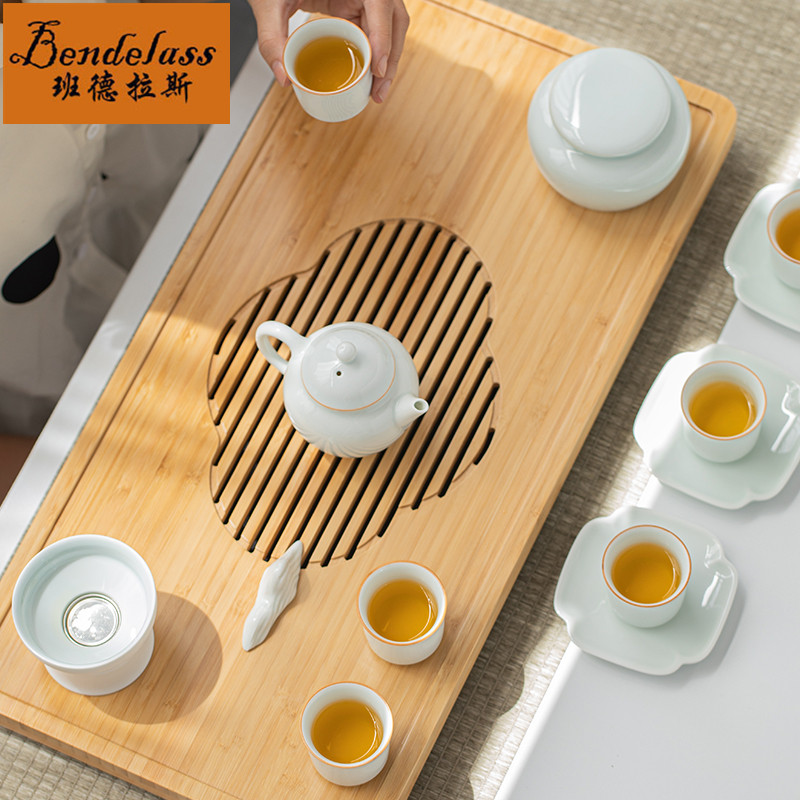 Kongfu tea with small teapot tea tray made of bamboo drain ceramic cute tea table Home Japanese style lid bowls small tea table brief