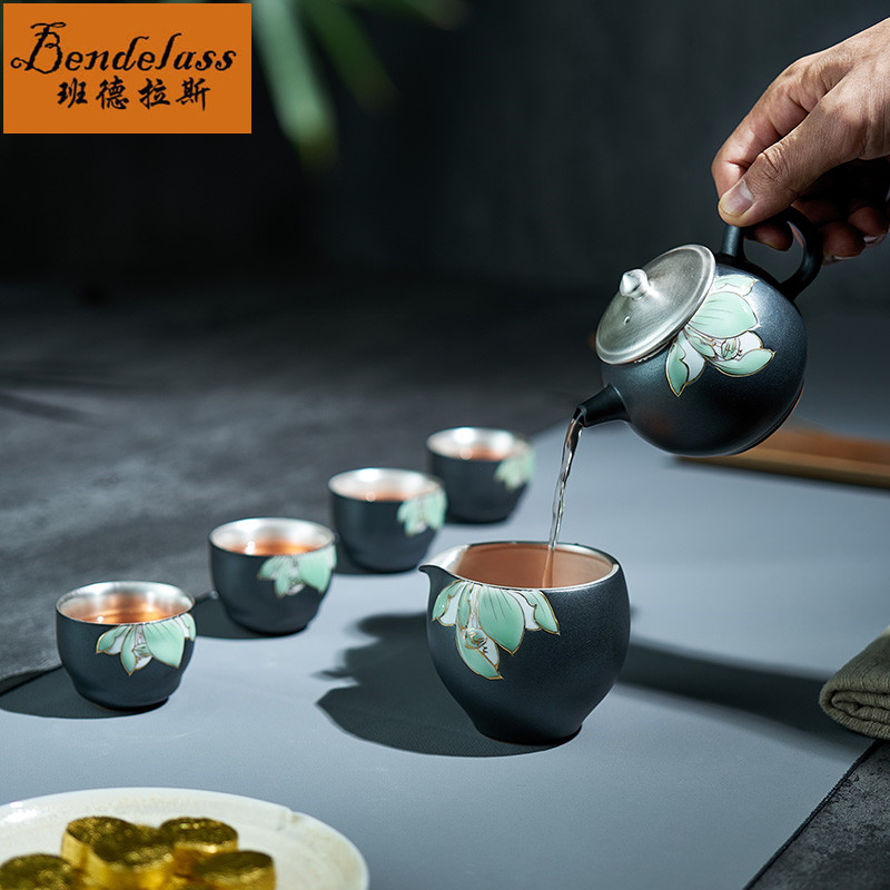 Banderas high-end silver kung fu tea set home Chinese ceramic inlaid silver tea maker gift box set